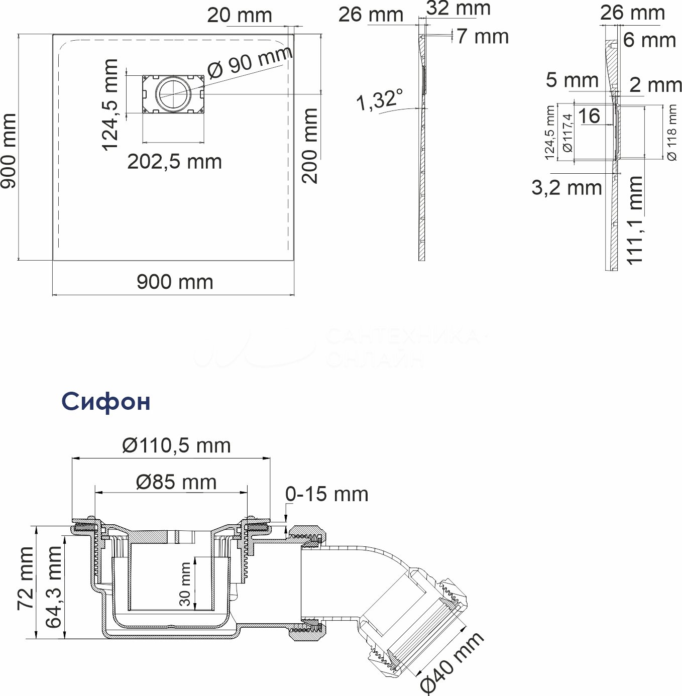 Поддон для душа Wasserkraft Elbe 74T03 90x90
