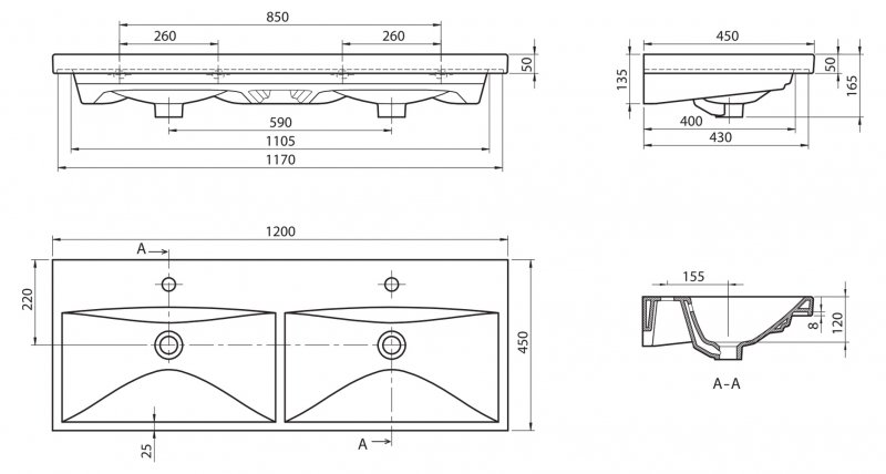Раковина BelBagno BB-0325-120-2-LVB накладная