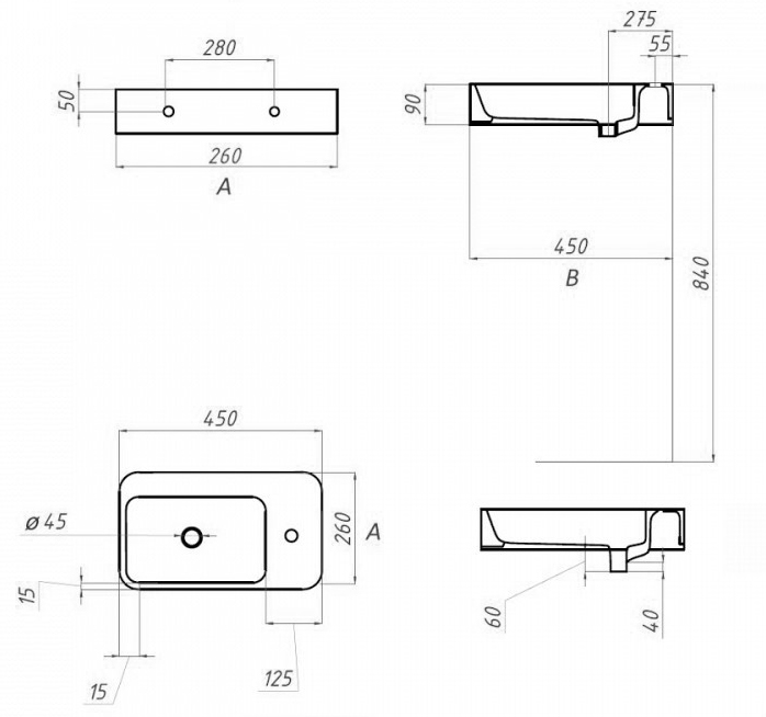 Раковина подвесная Alpen Normal ALP2450903 45 см правая