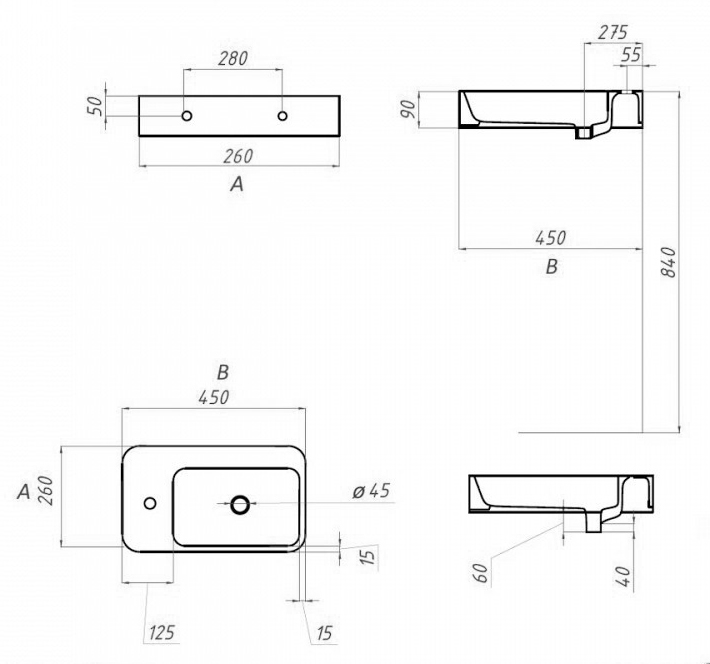 Раковина подвесная Alpen Normal ALP2450901 45 см левая