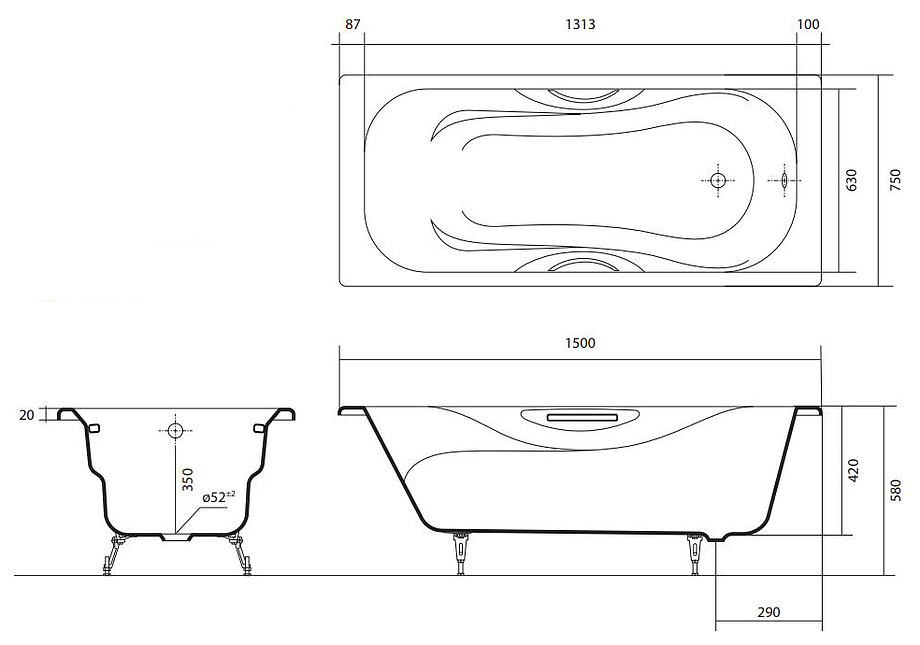Чугунная ванна Aquatek Гамма AQ8050FH-00 150х75 см