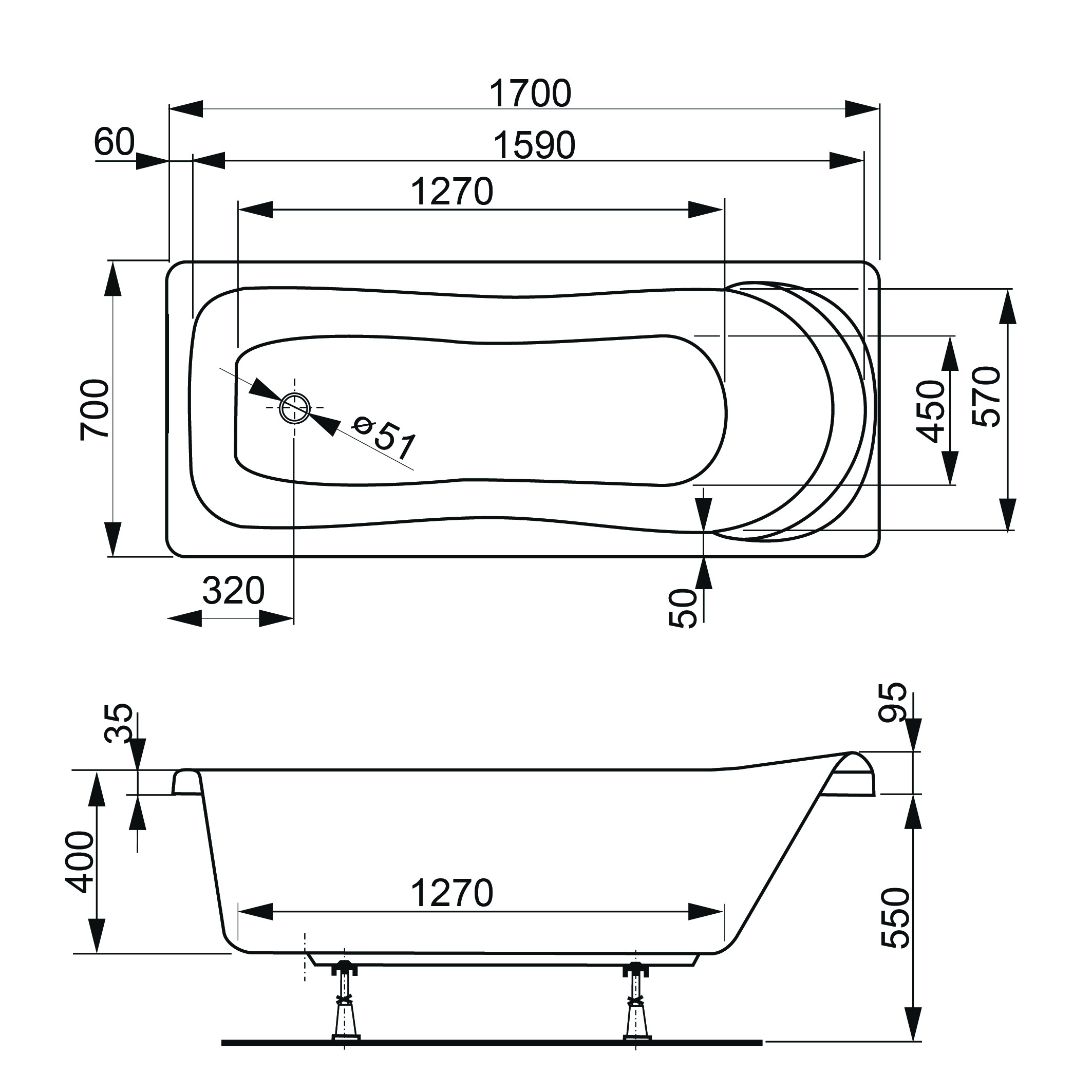 Акриловая ванна VAGNERPLAST Penelope VPBA177PEN2E-04 170х70
