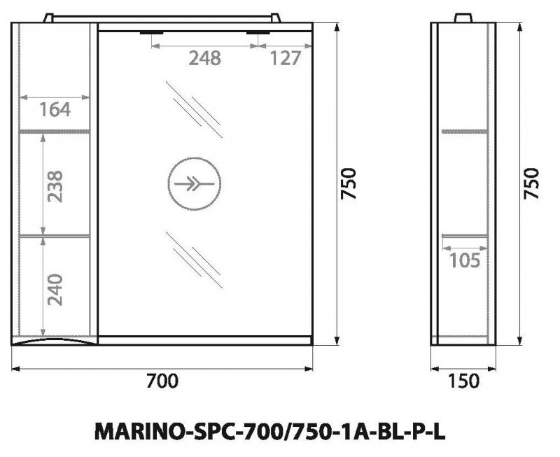Зеркальный шкаф BelBagno Marino 70 см L, Bianco Lucido