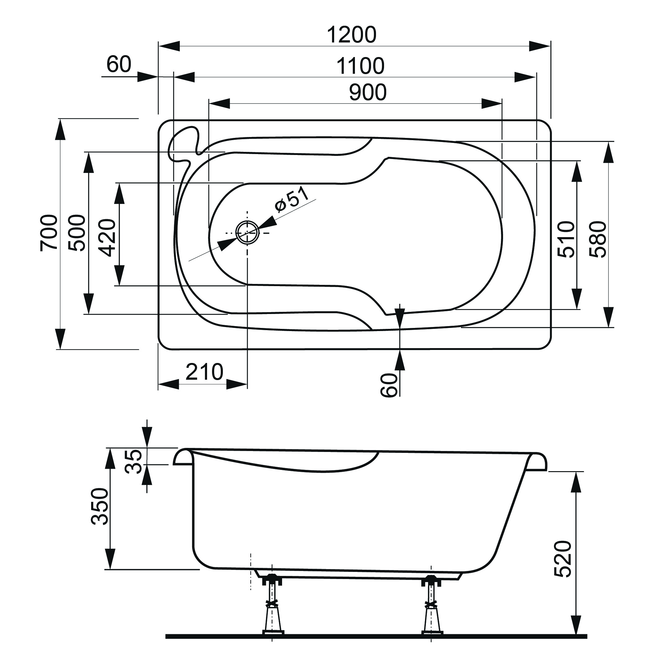 Акриловая ванна VAGNERPLAST Nike VPBA127NIK2E-04 120х70