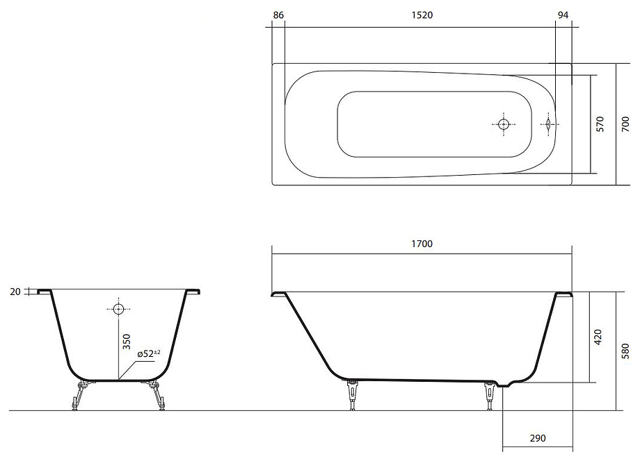 Чугунная ванна Aquatek Сигма AQ8870F-00 170х70 см