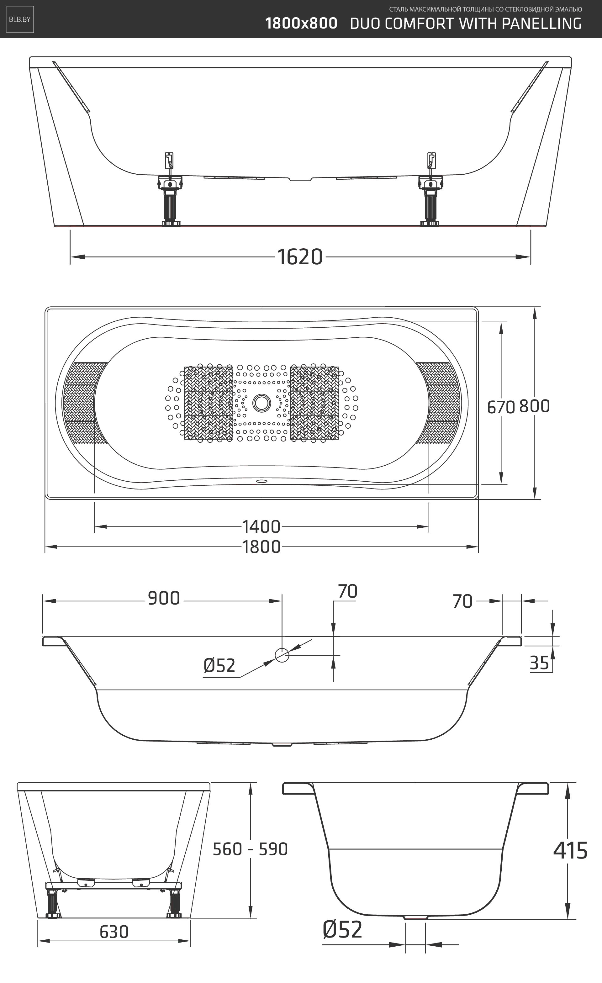 Стальная ванна BLB Duo Comfort B80DAH001N 180x80