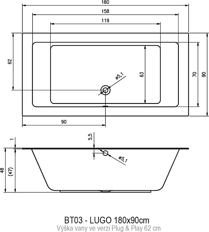 Акриловая ванна RIHO Lugo Plug & Play L 180x90