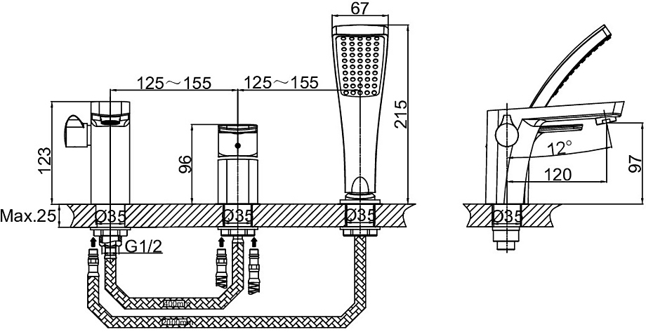 Смеситель на борт ванны D&K Berlin Freie DA1434901 на 3 отверстия