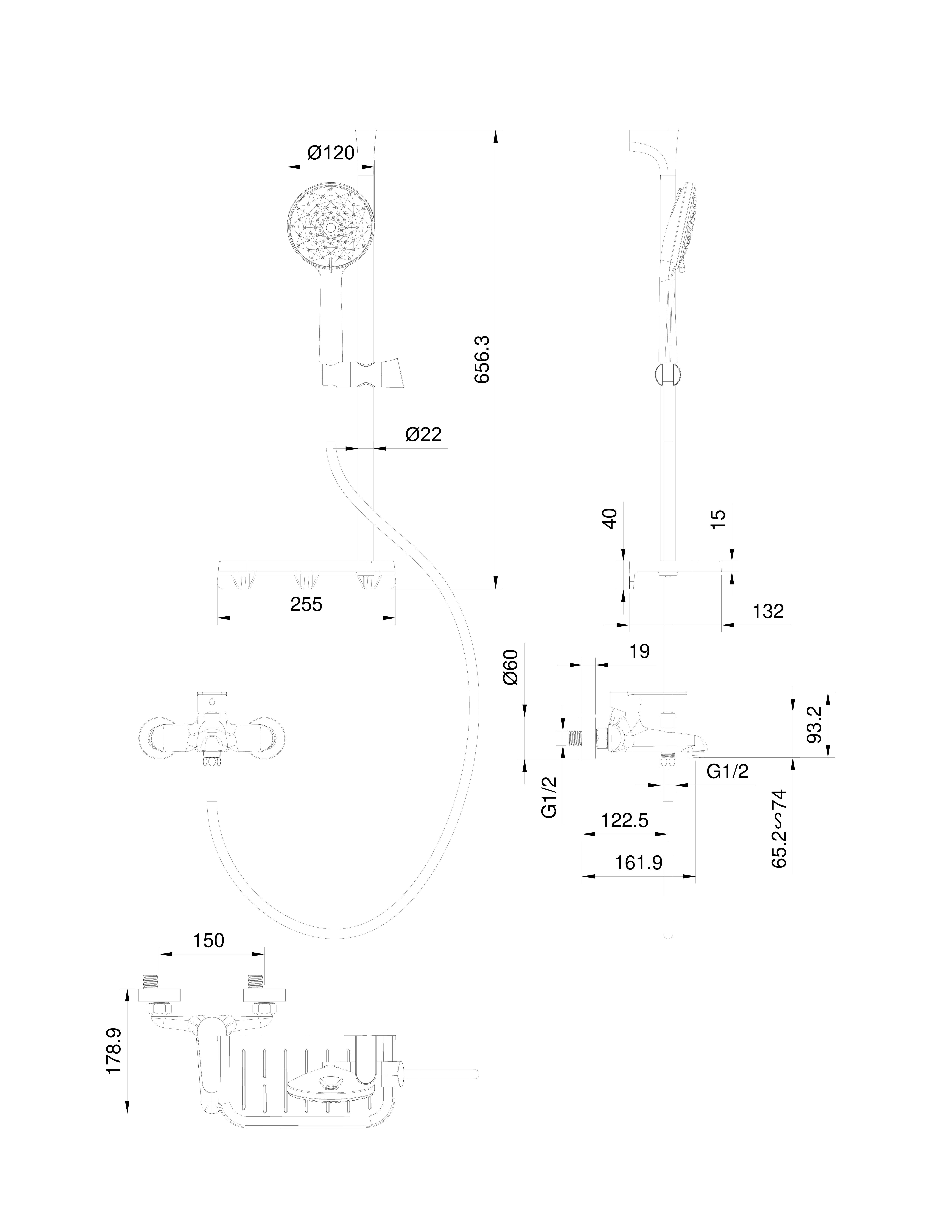 Смеситель для ванны с душевым гарнитуром WONZON & WOGHAND ALFA, Темный графит WW-AE3201-BGG