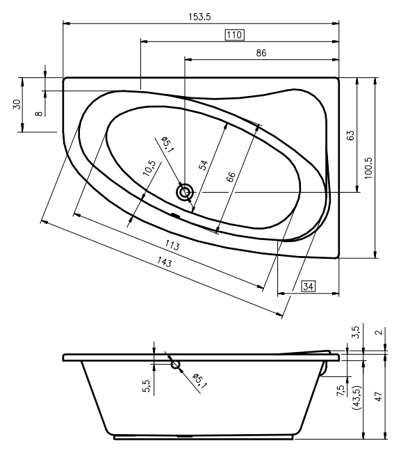 Акриловая ванна RIHO Lyra 153х100 L