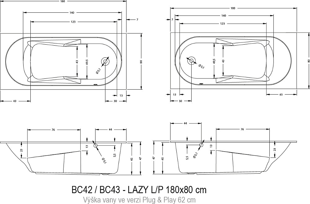 Акриловая ванна RIHO Lazy L 180x80