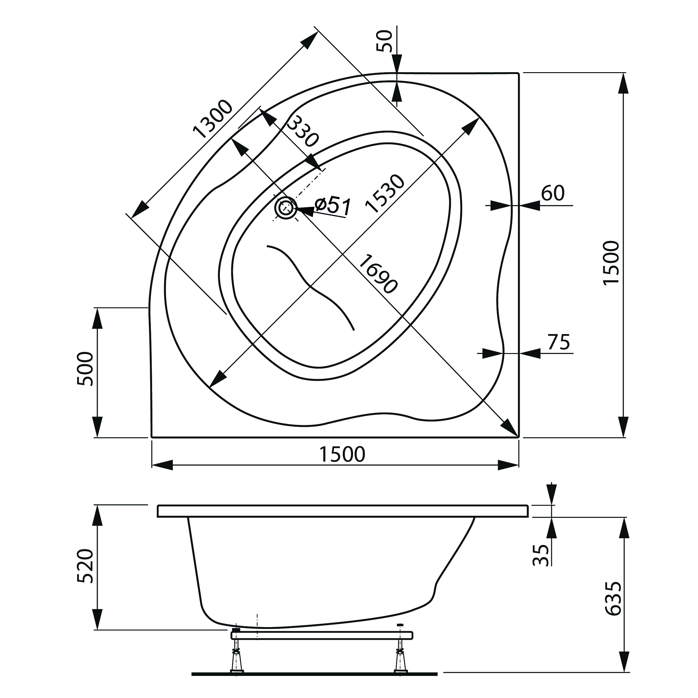 Акриловая ванна VAGNERPLAST Plejada VPBA150PLE3X-04 150x150