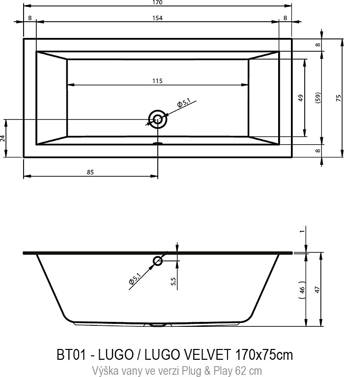 Акриловая ванна RIHO Lugo Plug & Play R 170х75