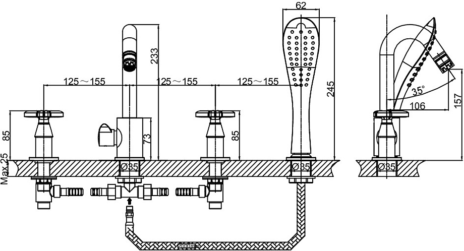 Смеситель встраиваемый на борт ванны D&K Hessen Goethe DA1384941 на 4 отверстия