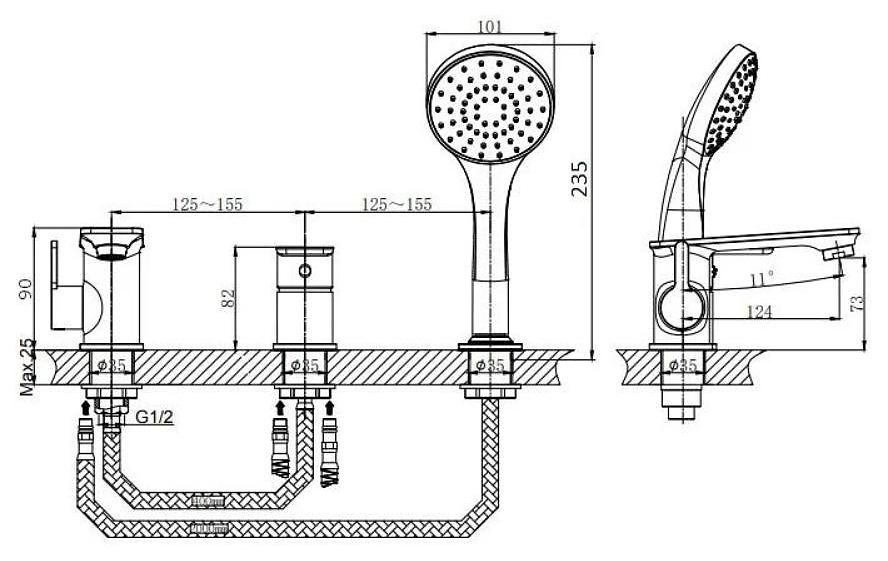 Смеситель на борт ванны с душевым гарнитуром Rush Bruny BR4335-333