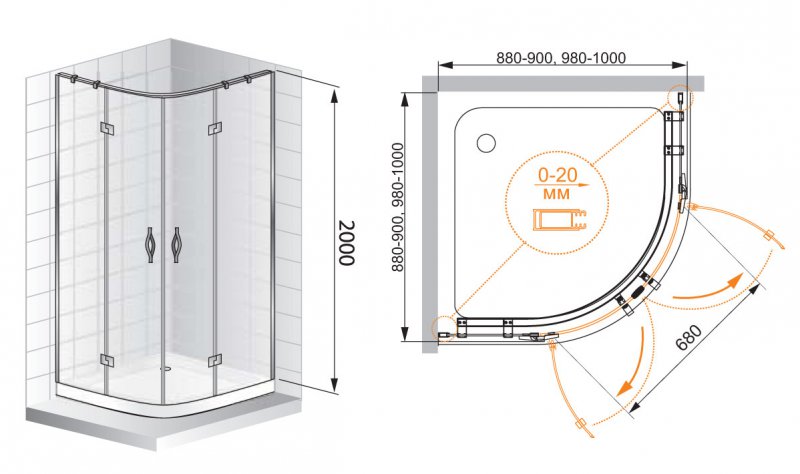 Душевой уголок Cezares BERGAMO-W-R-2-100-ARCO-C-Cr-IV