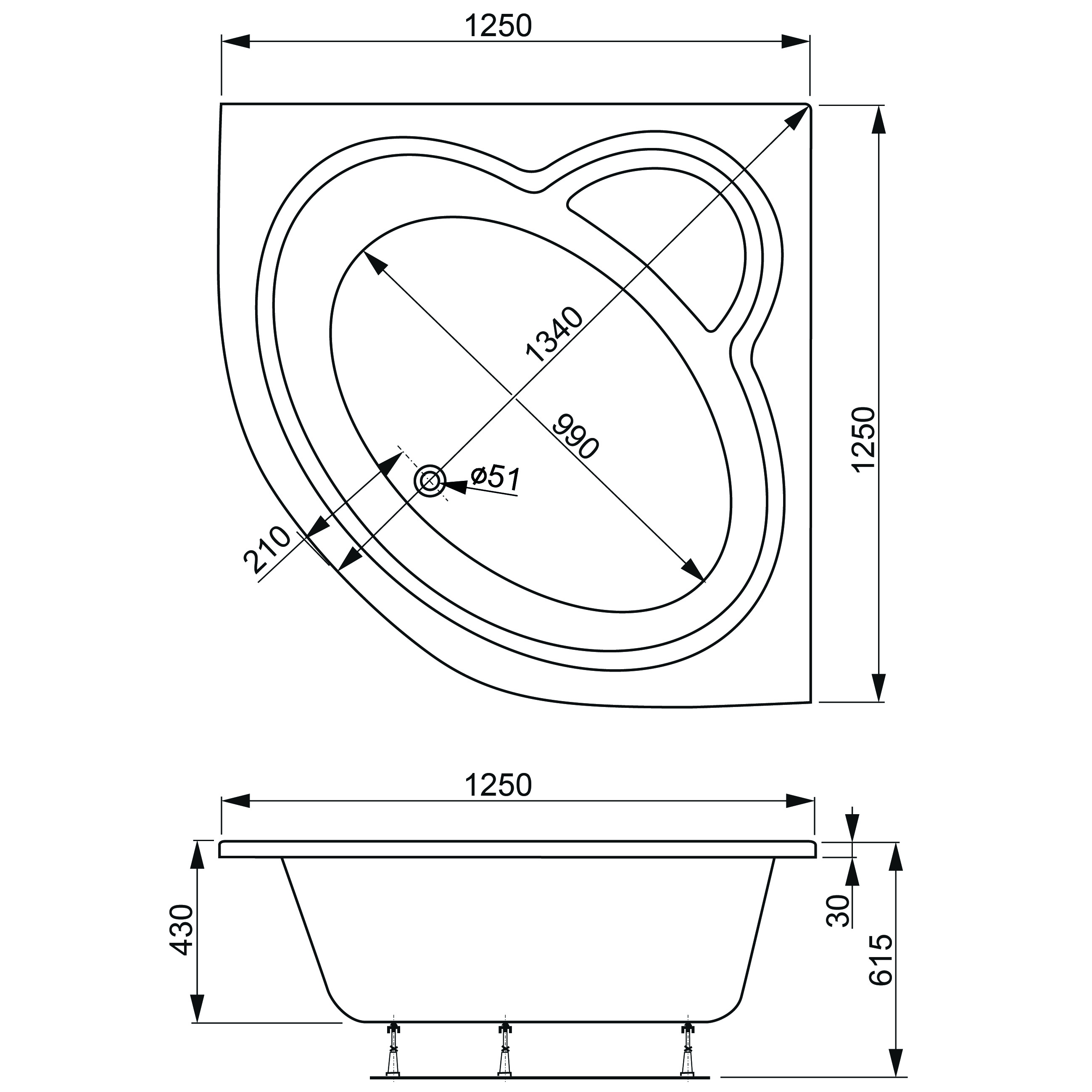 Акриловая ванна VAGNERPLAST Mini Catalina VPBA125CTM3X-04 125x125