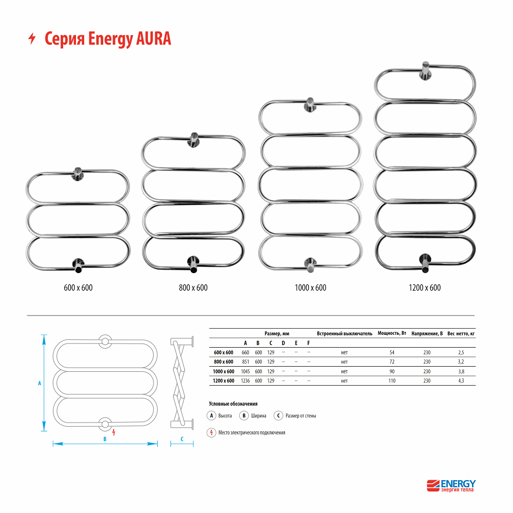 Электрический полотенцесушитель Energy Aura 1000x600