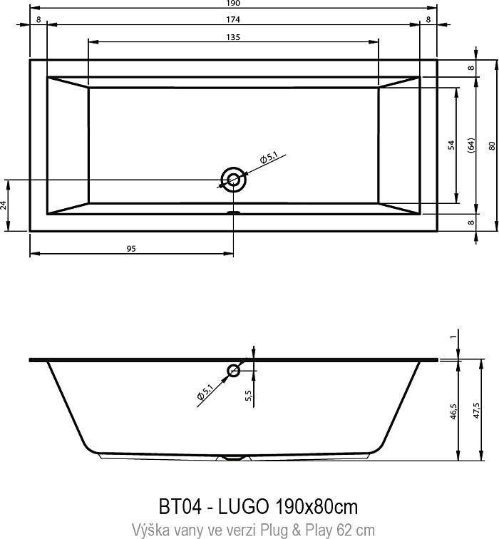 Акриловая ванна RIHO Lugo Plug & Play L 190x80