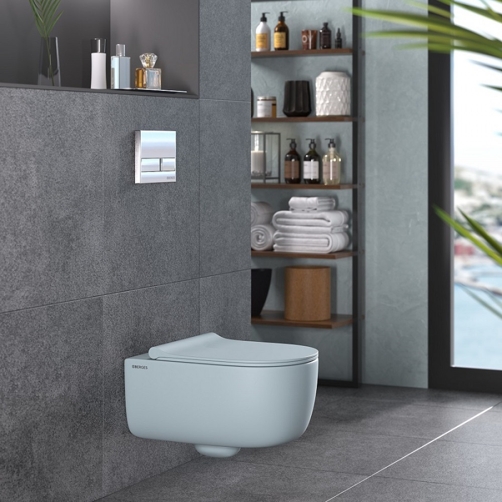 Унитаз подвесной Berges EGO XL 083229 безободковый, голубой матовый