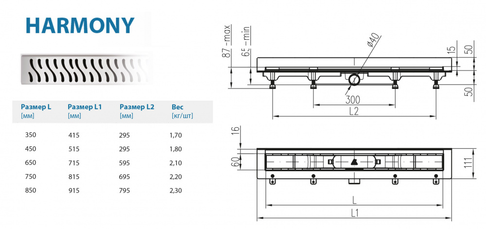 Водоотводящий желоб ALPEN-MCH Harmony CH750HN2 к стене с рамкой