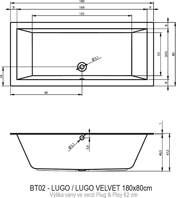Акриловая ванна RIHO Lugo Plug & Play L 180x80