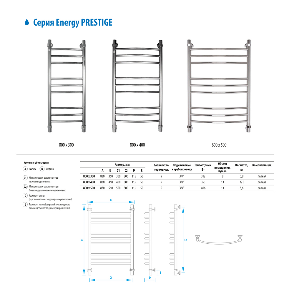 Водяной полотенцесушитель Energy Prestige 800x500 пурпурно-красный (RAL 3004)