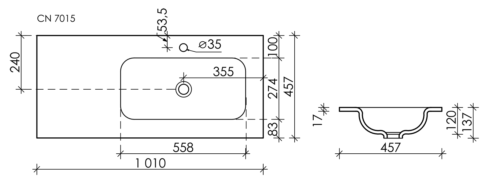 Раковина накладная Sancos Element 100 см чаша справа