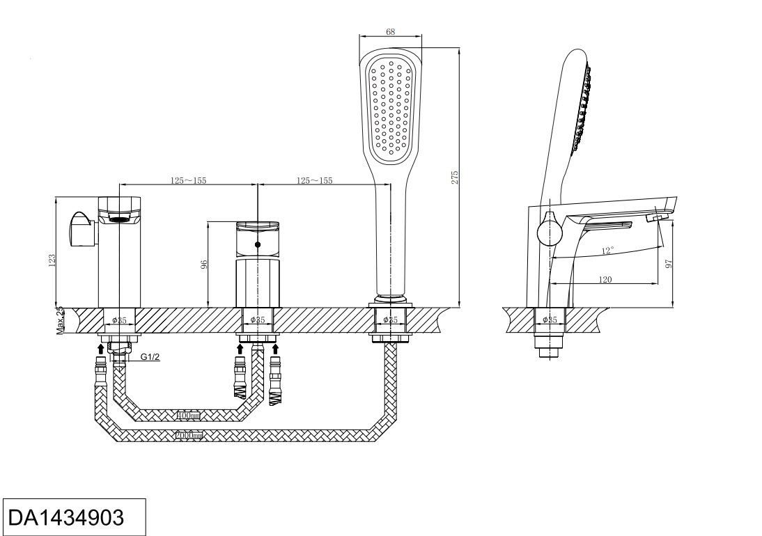 Смеситель на борт ванны D&K Berlin Tourto DA1434903 на 3 отверстия, золото