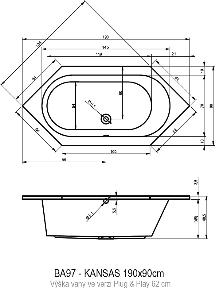 Акриловая ванна RIHO Kansas Plug & Play 190х90