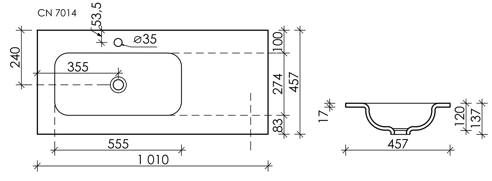 Раковина накладная Sancos Element 100 см чаша слева