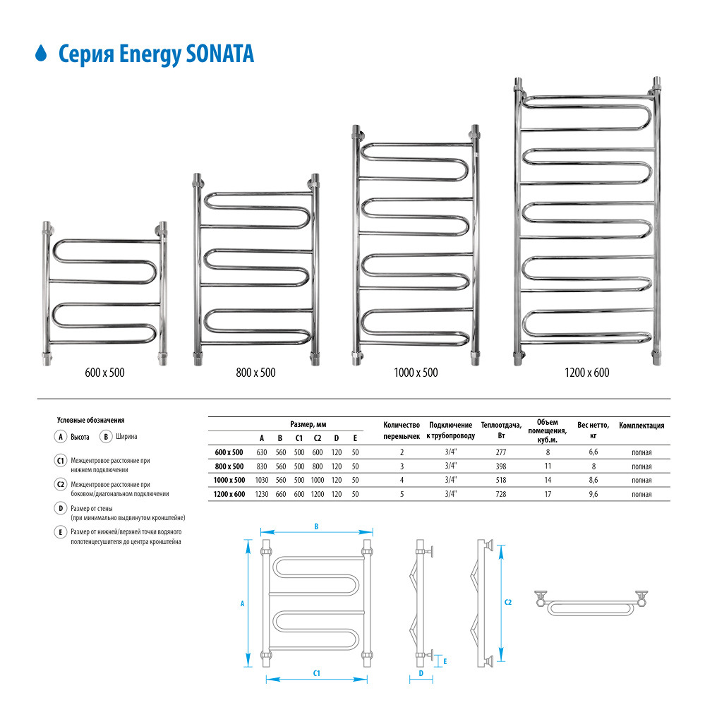 Водяной полотенцесушитель Energy Sonata 1000х500
