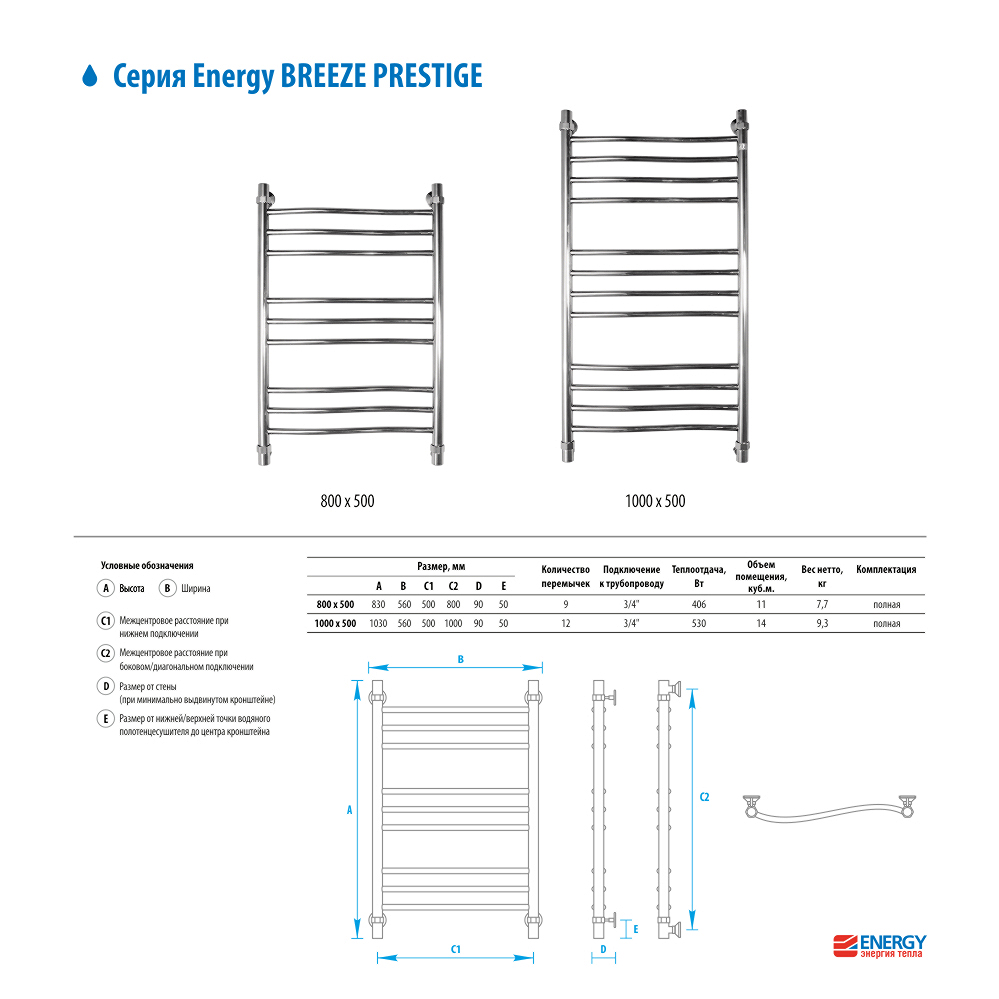 Водяной полотенцесушитель Energy Breeze Prestige 1000x500
