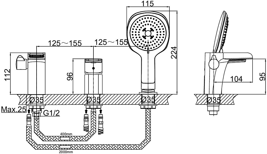 Смеситель на борт ванны D&K Berlin Technische DA1434215 на 3 отверстия, черный, хром