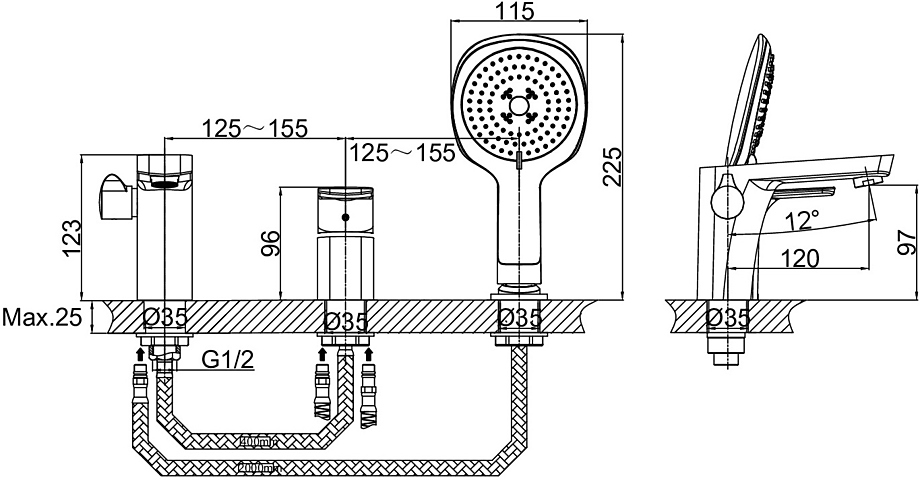 Смеситель на борт ванны D&K Berlin Steinbeis DA1434916 на 3 отверстия, белый, хром