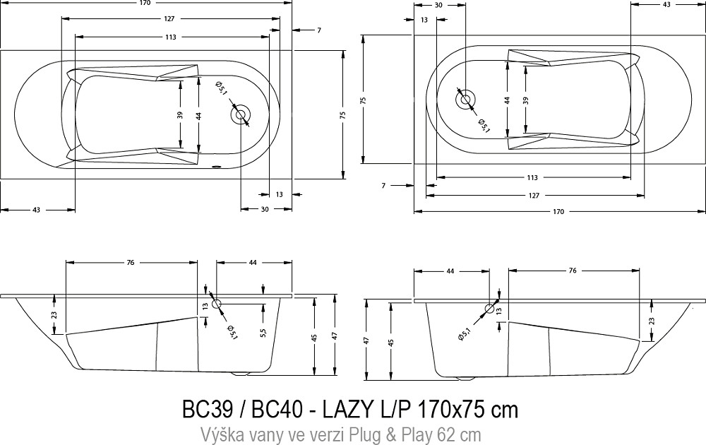 Акриловая ванна RIHO Lazy R 170x75