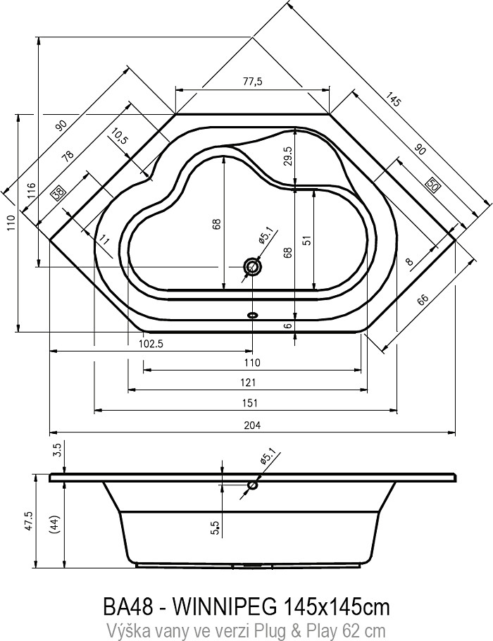 Акриловая ванна RIHO Winnipeg Plug & Play 145х145