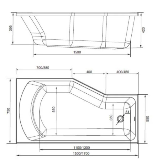 Ванна акриловая 1MarKa Convey 170x75 см L Стандарт 2+