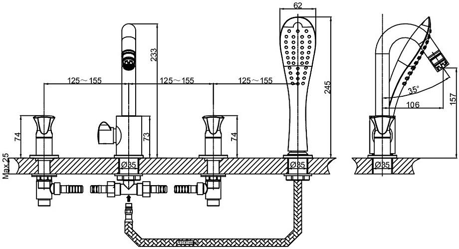Смеситель на борт ванны D&K Hessen Grimm DA1384901 на 4 отверстия