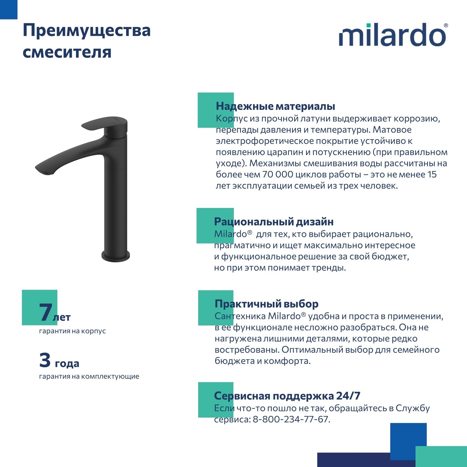 Смеситель для раковины высокий Milardo Rora RORBL01M01