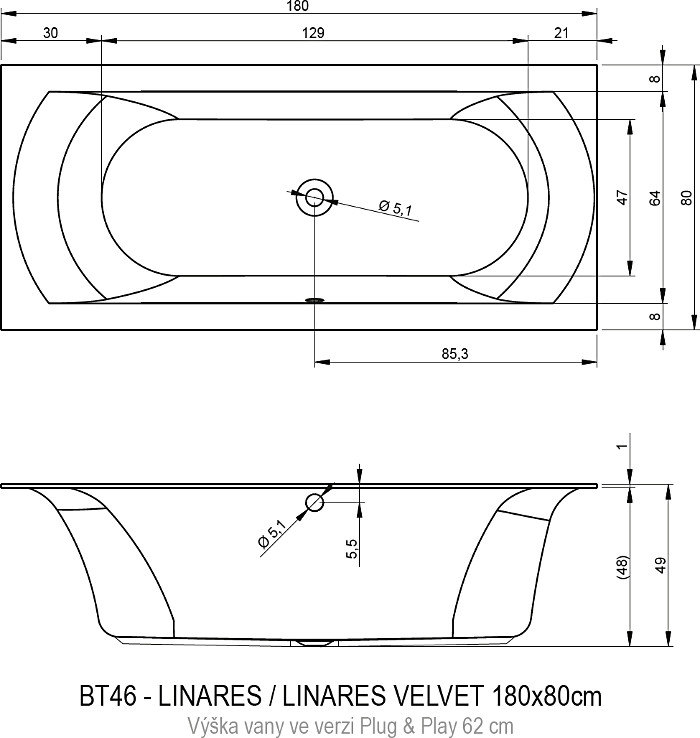 Акриловая ванна RIHO Linares Plug & Play R 180х80